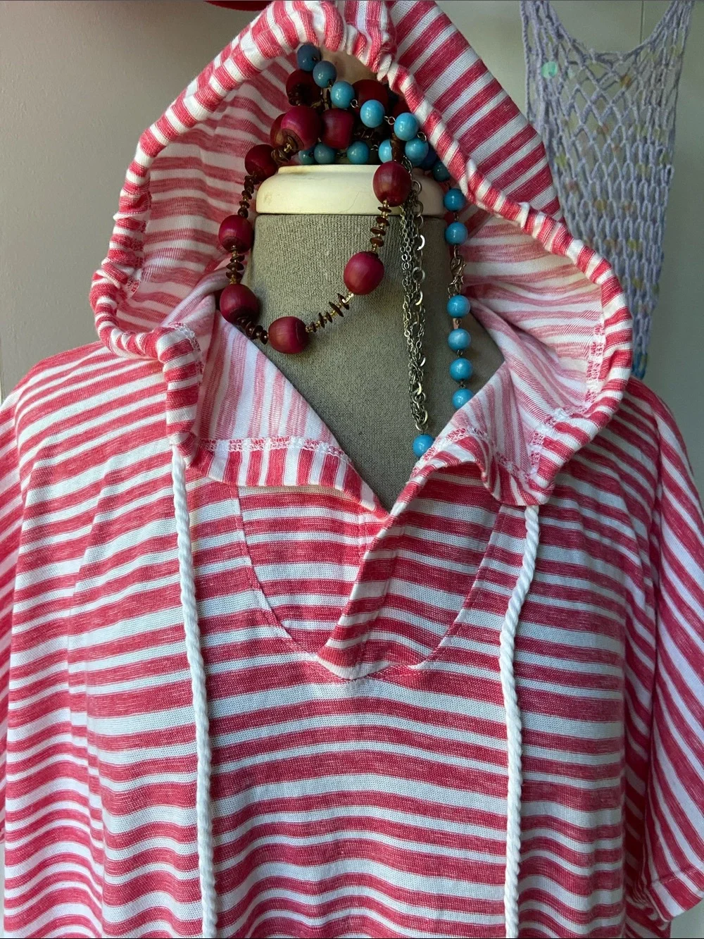 Hooded Pink & White Striped Beach Poncho